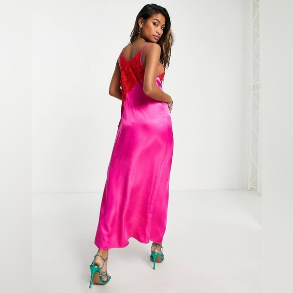 Topshop Size 10 Contrast Sheer Lace Color Block Slip Maxi Dress Pink Red - Picture 2 of 9